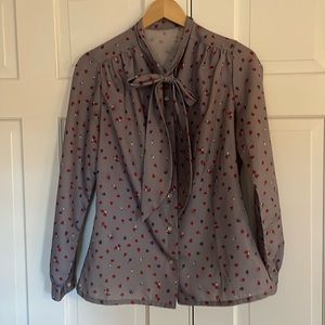 Vintage 70s Bow Neck Gray Floral Long Sleeve Top M